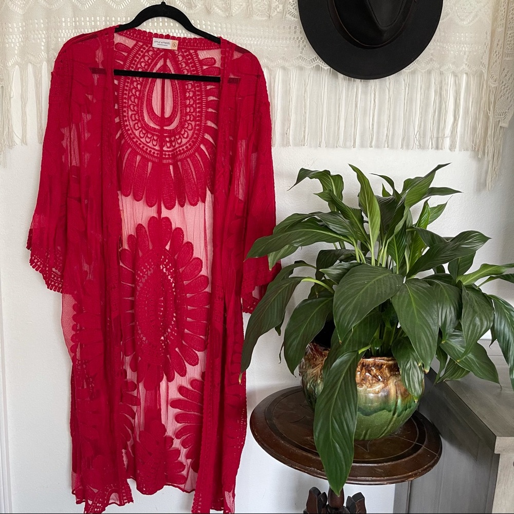 NWOT Cherry Red Lace Kimono